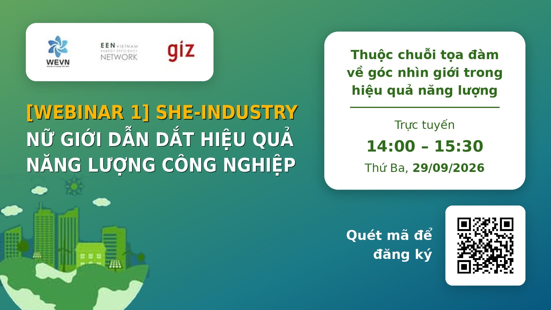 Banner sự kiện Webinar 1 She-Industry Nữ giới dẫn dắt hiệu quả năng lượng công nghiệp